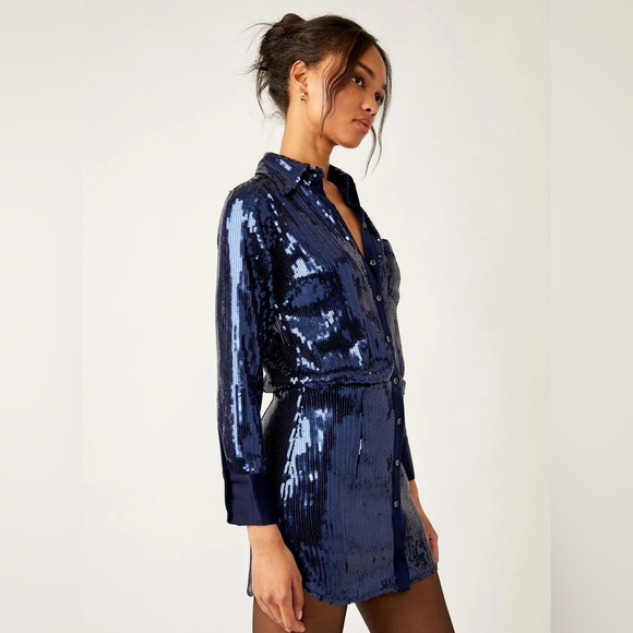 Free People Sophie Sequin Navy Blue Shirt Dress Long Sleeve Disco Dance - size M - Picture 4 of 7